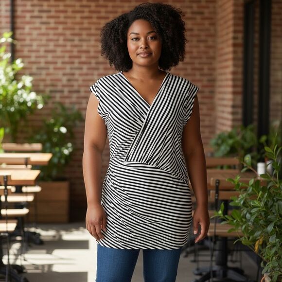 NWT Metaphor Black & White Striped Wrap Top Small – Sleeveless Ruched Blouse - Picture 1 of 10